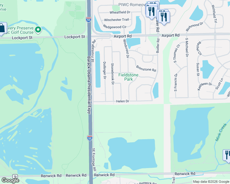 map of restaurants, bars, coffee shops, grocery stores, and more near 585 Stone Bluff Drive in Romeoville