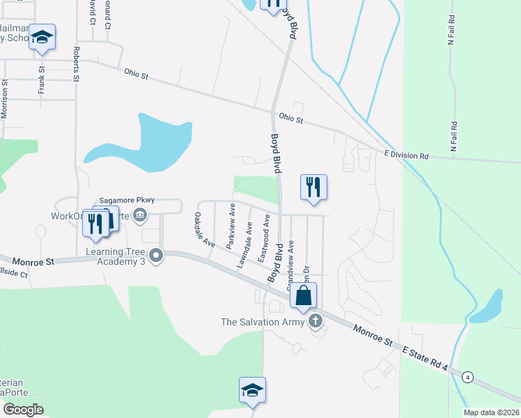 map of restaurants, bars, coffee shops, grocery stores, and more near 121 Eastwood Avenue in La Porte