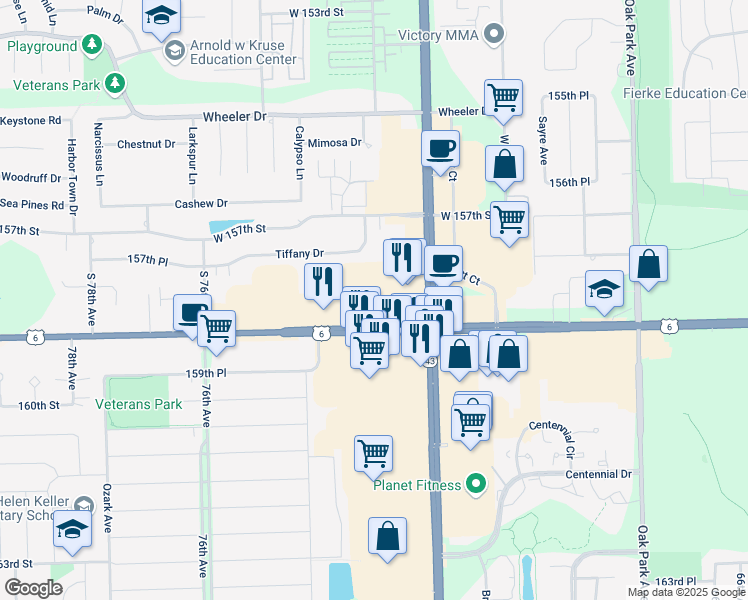 map of restaurants, bars, coffee shops, grocery stores, and more near 7300 West 159th Street in Orland Park
