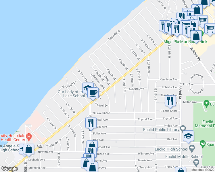 map of restaurants, bars, coffee shops, grocery stores, and more near 20451 Lakeshore Boulevard in Euclid