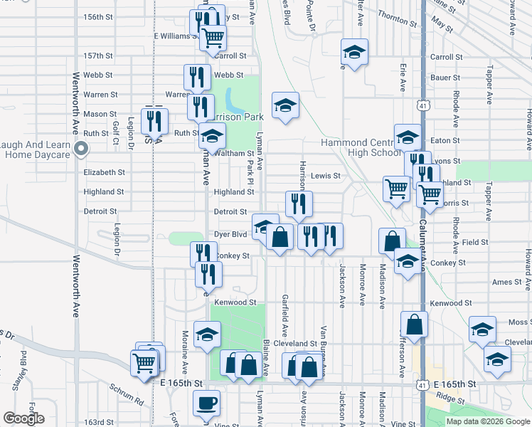 map of restaurants, bars, coffee shops, grocery stores, and more near 267 Dyer Boulevard in Hammond