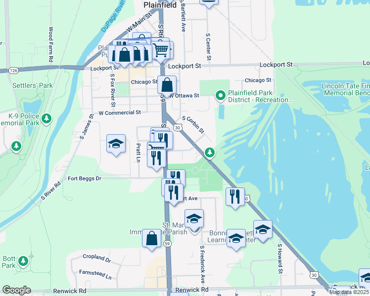 map of restaurants, bars, coffee shops, grocery stores, and more near 15409 South Union Place in Plainfield