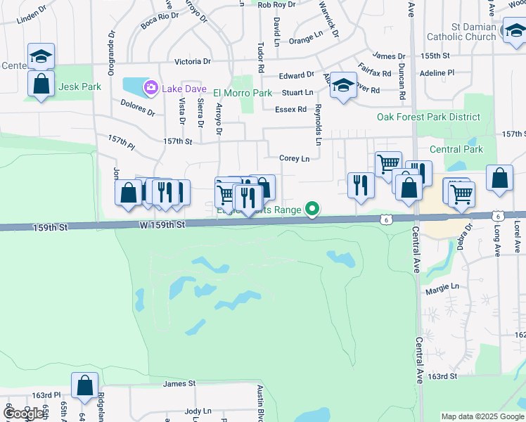 map of restaurants, bars, coffee shops, grocery stores, and more near 6000 West 159th Street in Oak Forest