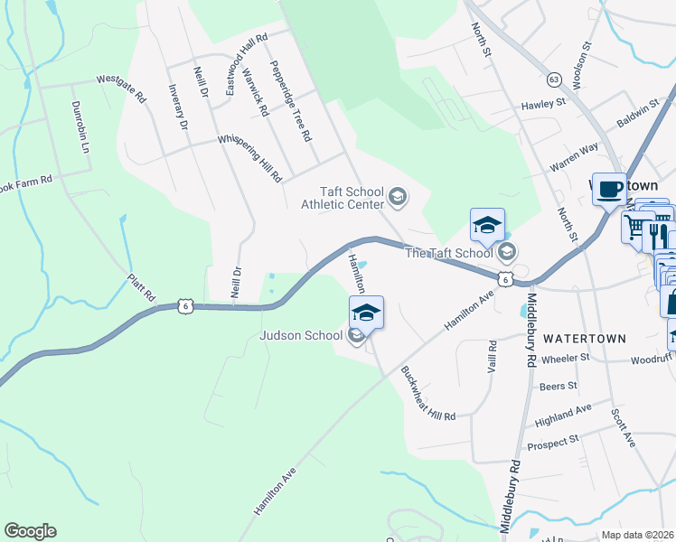 map of restaurants, bars, coffee shops, grocery stores, and more near 433 Woodbury Road in Watertown