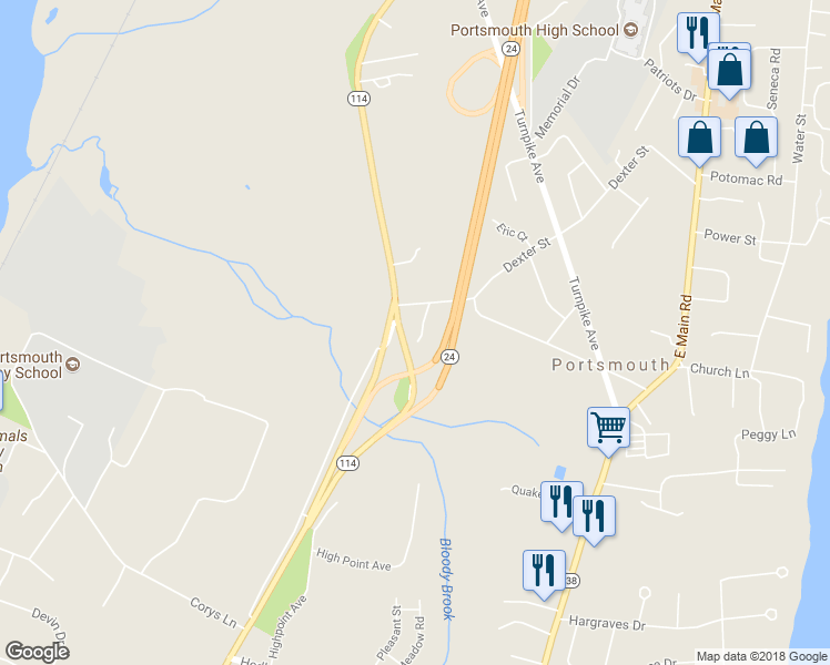 map of restaurants, bars, coffee shops, grocery stores, and more near 33 Statue Way in Portsmouth