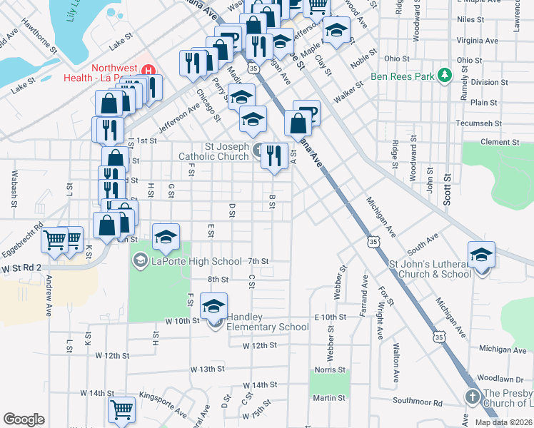 map of restaurants, bars, coffee shops, grocery stores, and more near 207 4th Street in La Porte