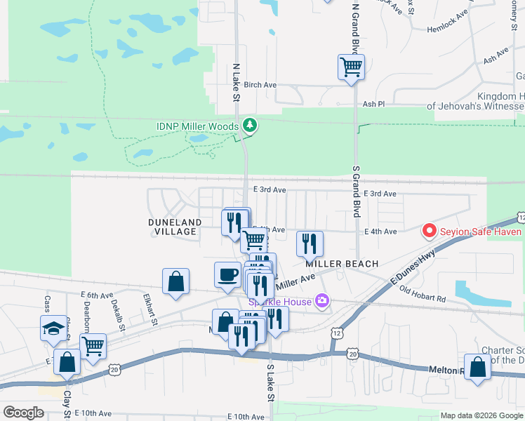 map of restaurants, bars, coffee shops, grocery stores, and more near 308 South Hancock Street in Gary