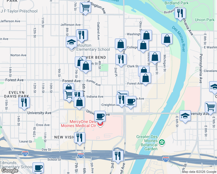 map of restaurants, bars, coffee shops, grocery stores, and more near 1425 4th Street in Des Moines