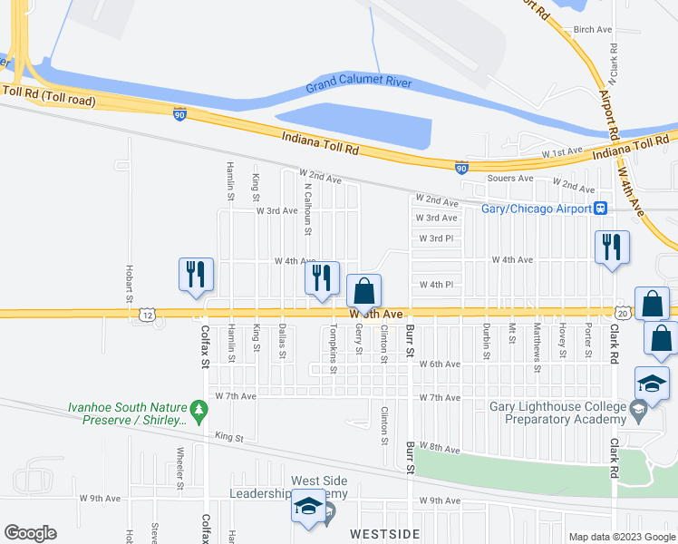 map of restaurants, bars, coffee shops, grocery stores, and more near 415 Tompkins Street in Gary