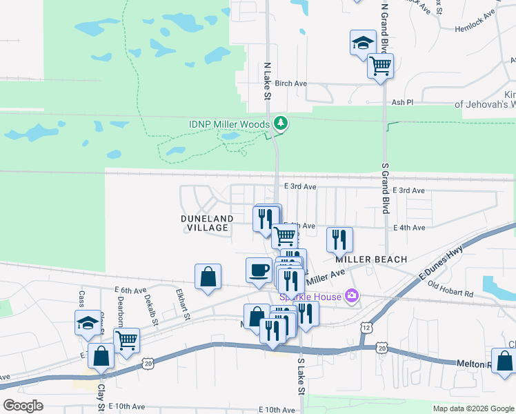 map of restaurants, bars, coffee shops, grocery stores, and more near 308-10 North Lake Street in Gary