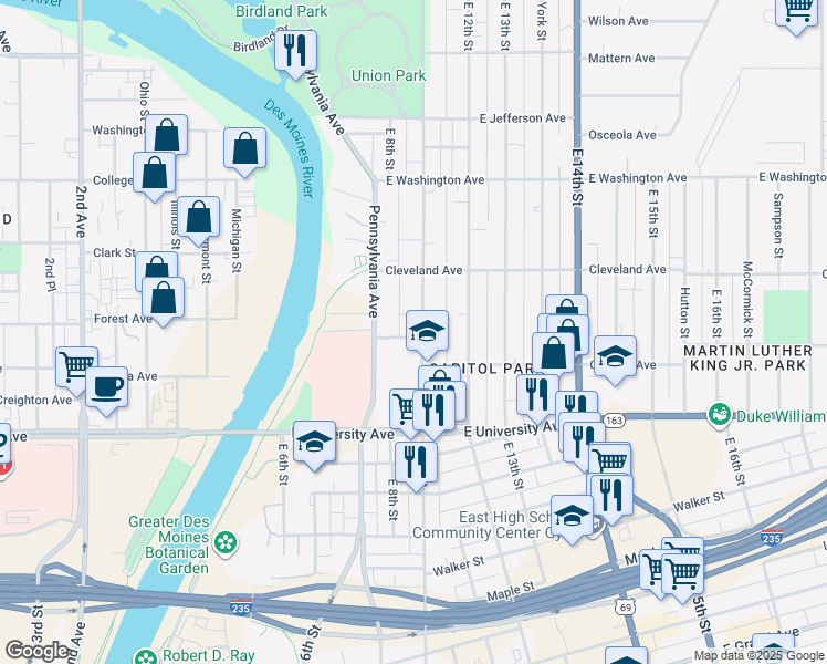 map of restaurants, bars, coffee shops, grocery stores, and more near 1361 Pennsylvania Avenue in Des Moines