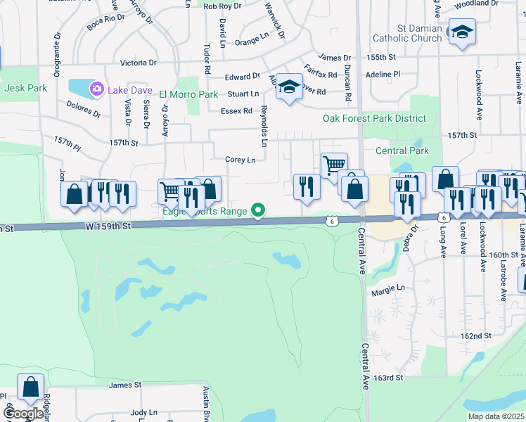 map of restaurants, bars, coffee shops, grocery stores, and more near 5900 West 159th Street in Oak Forest