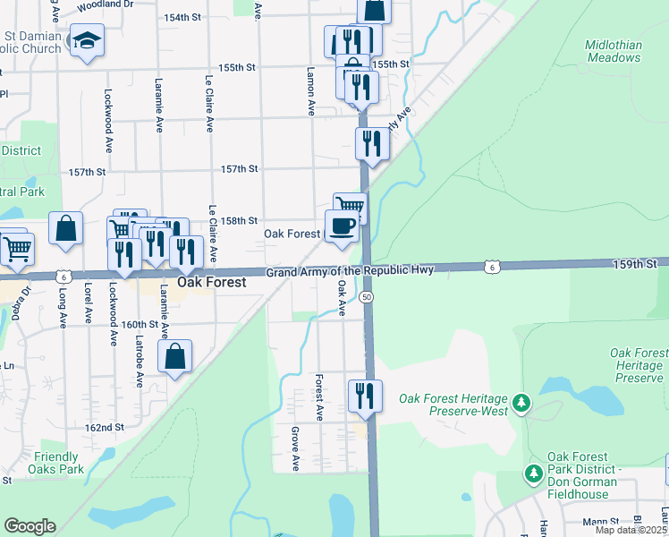 map of restaurants, bars, coffee shops, grocery stores, and more near 4850 West 159th Street in Oak Forest