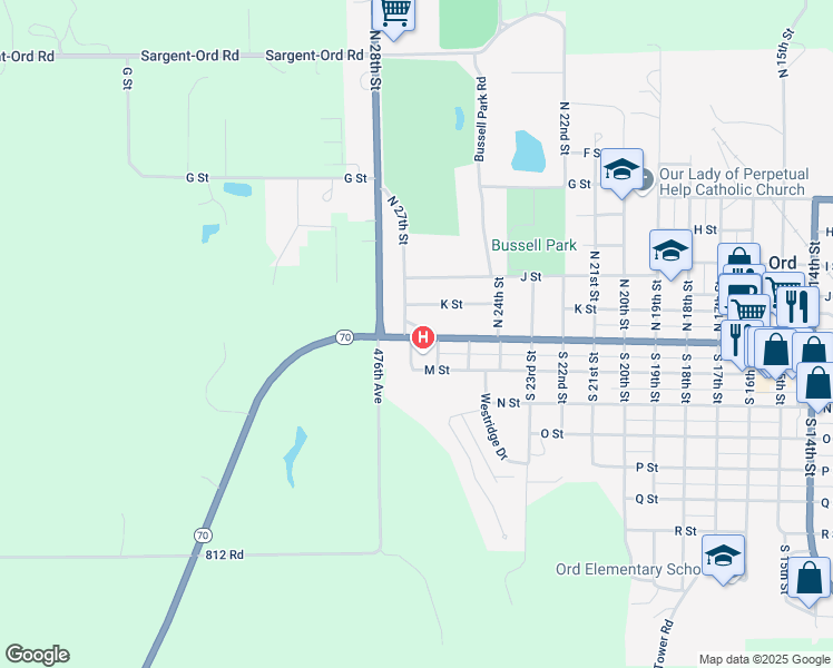 map of restaurants, bars, coffee shops, grocery stores, and more near 2401 K Street in Ord