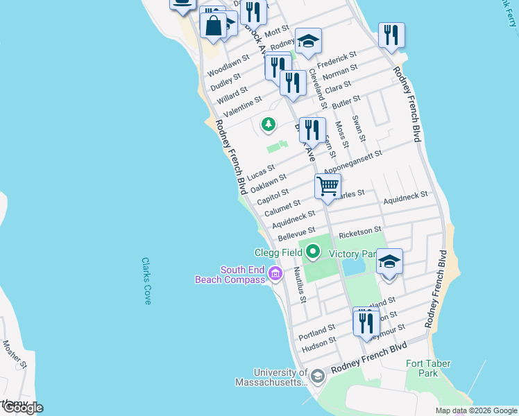 map of restaurants, bars, coffee shops, grocery stores, and more near 110 Oaklawn Street in New Bedford