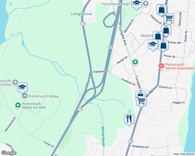 map of restaurants, bars, coffee shops, grocery stores, and more near 7 Statue Way in Portsmouth