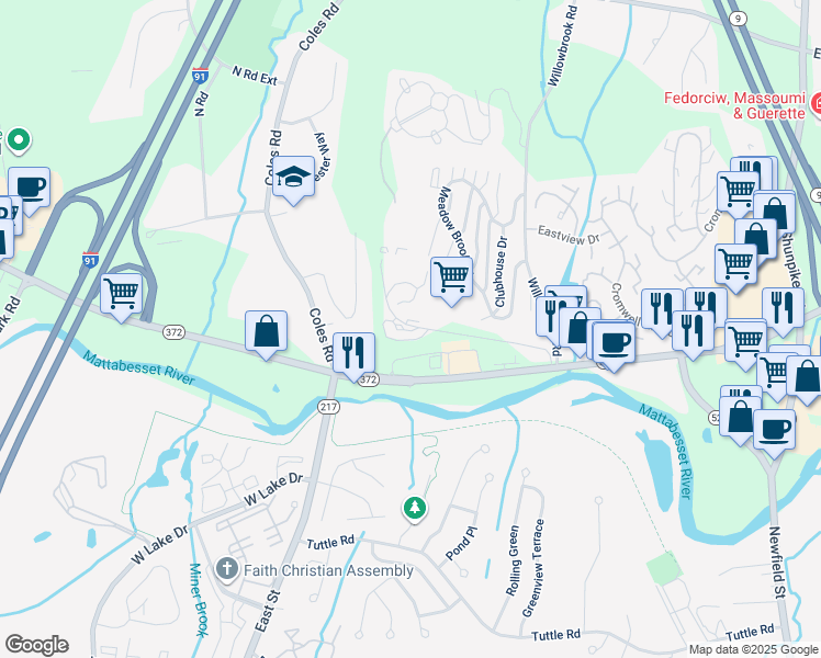 map of restaurants, bars, coffee shops, grocery stores, and more near 4 Country Squire Drive in Cromwell