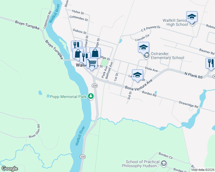 map of restaurants, bars, coffee shops, grocery stores, and more near 13 Bona Ventura Avenue in Wallkill