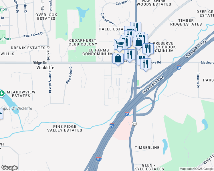 map of restaurants, bars, coffee shops, grocery stores, and more near 2250 Par Lane in Willoughby