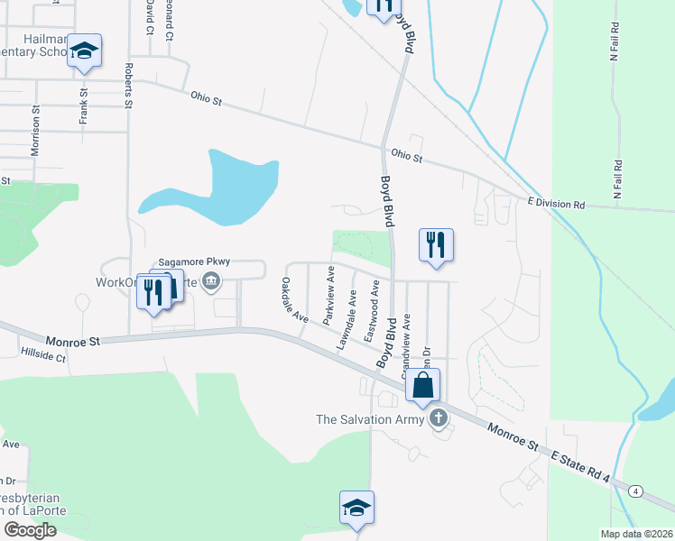 map of restaurants, bars, coffee shops, grocery stores, and more near 3101-3109 Silverbrook Ave in La Porte
