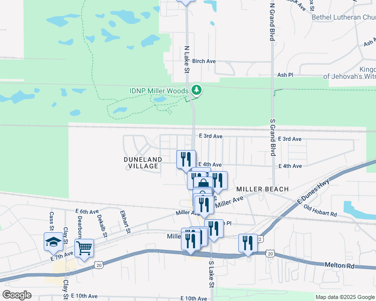 map of restaurants, bars, coffee shops, grocery stores, and more near 308-10 North Lake Street in Gary