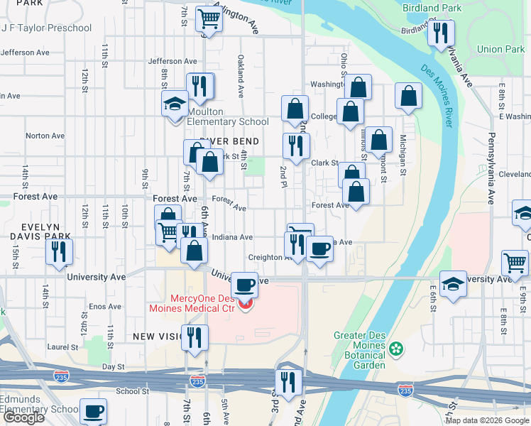 map of restaurants, bars, coffee shops, grocery stores, and more near 1425 4th Street in Des Moines