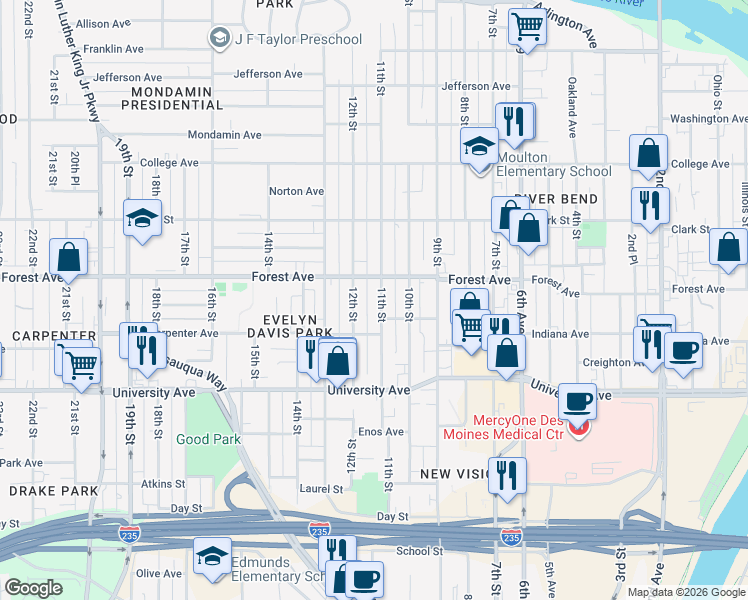 map of restaurants, bars, coffee shops, grocery stores, and more near 1016 Forest Avenue in Des Moines