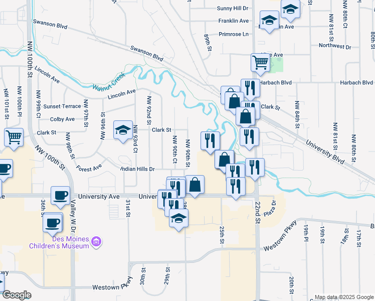 map of restaurants, bars, coffee shops, grocery stores, and more near 1474 Northwest 90th Street in Clive