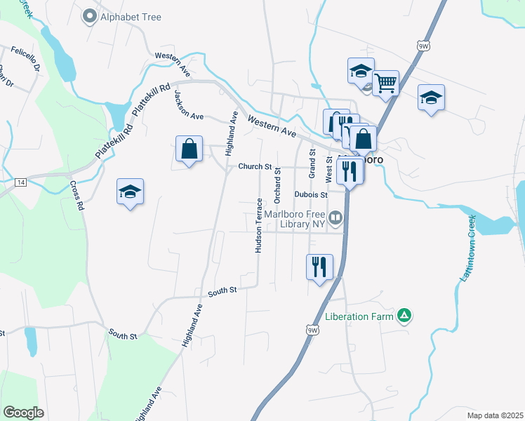 map of restaurants, bars, coffee shops, grocery stores, and more near 37 Hudson Terrace in Marlboro