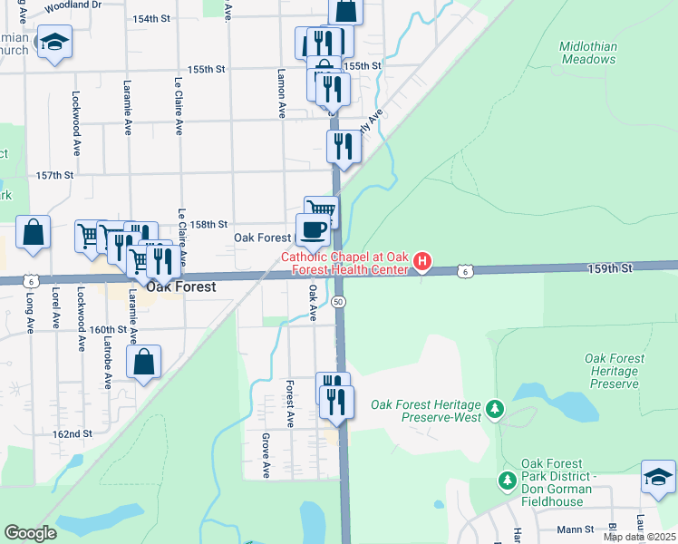 map of restaurants, bars, coffee shops, grocery stores, and more near 159th St & S Cicero Ave in Oak Forest