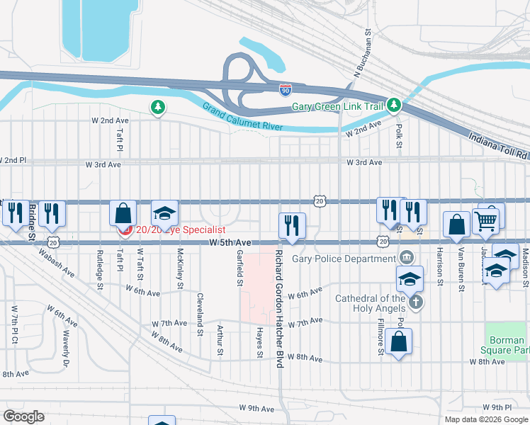 map of restaurants, bars, coffee shops, grocery stores, and more near 423 Hayes Street in Gary