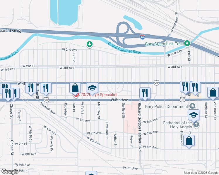 map of restaurants, bars, coffee shops, grocery stores, and more near 369 Cleveland Street in Gary