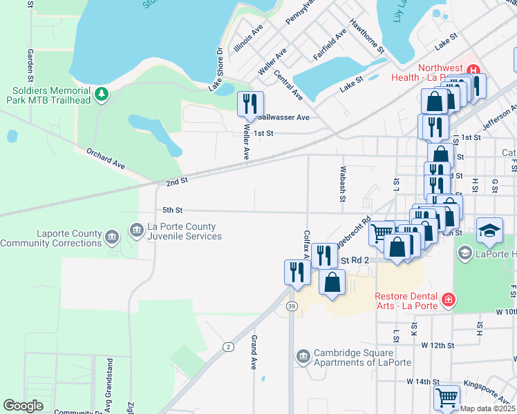 map of restaurants, bars, coffee shops, grocery stores, and more near 401 Shelton Avenue in La Porte