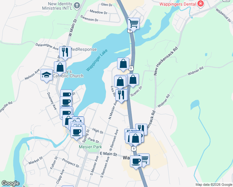 map of restaurants, bars, coffee shops, grocery stores, and more near 14 Liss Road in Wappingers Falls