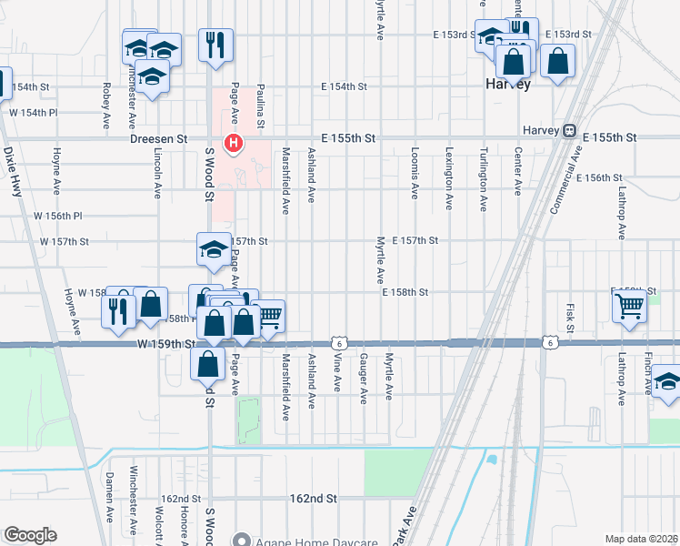 map of restaurants, bars, coffee shops, grocery stores, and more near 15732 Vine Avenue in Harvey
