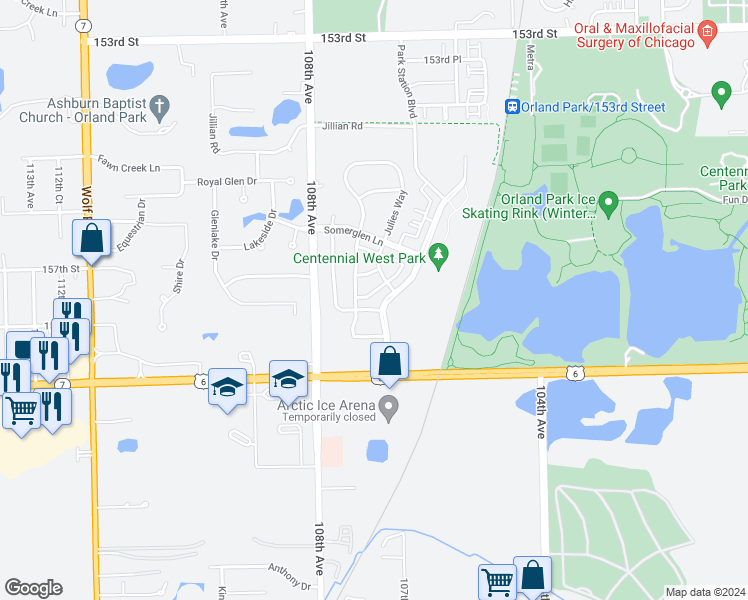 map of restaurants, bars, coffee shops, grocery stores, and more near 10701 Gabrielle Lane in Orland Park