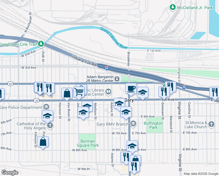 map of restaurants, bars, coffee shops, grocery stores, and more near 379 Jefferson Street in Gary