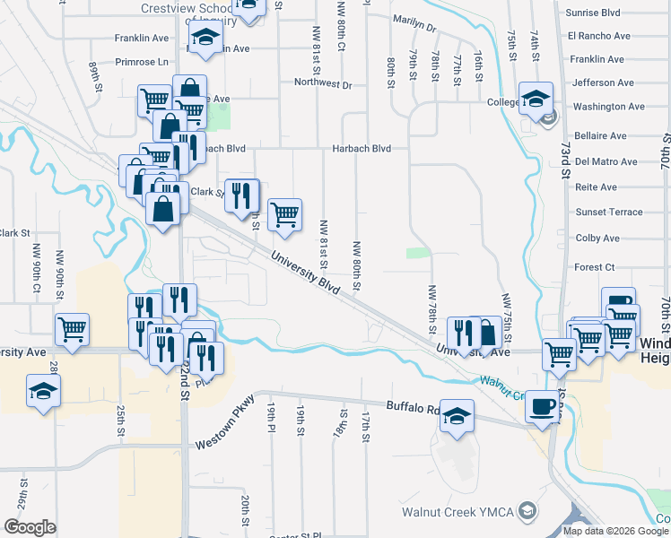 map of restaurants, bars, coffee shops, grocery stores, and more near 1425 Northwest 81st Street in Clive