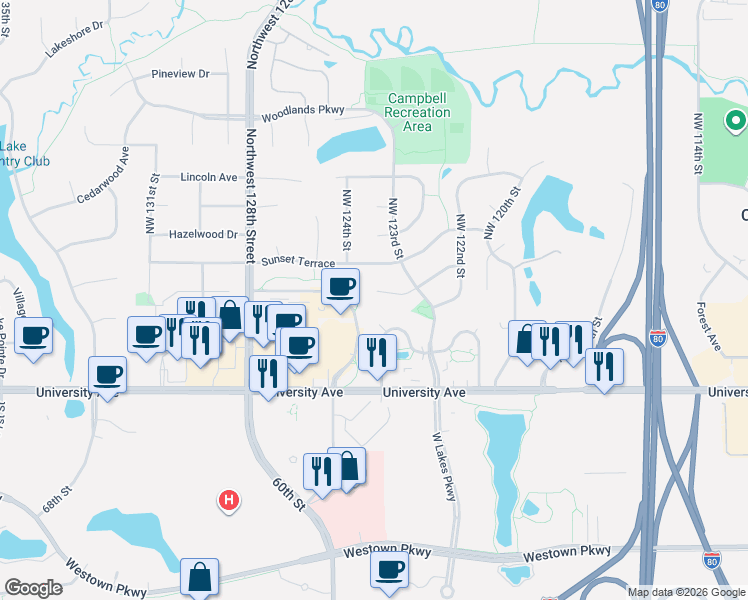 map of restaurants, bars, coffee shops, grocery stores, and more near 12399 Wellington Ridge Drive in Clive