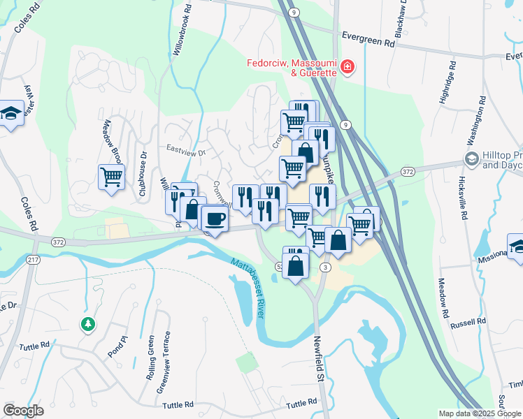 map of restaurants, bars, coffee shops, grocery stores, and more near 62 Cromwell Hills Drive in Cromwell