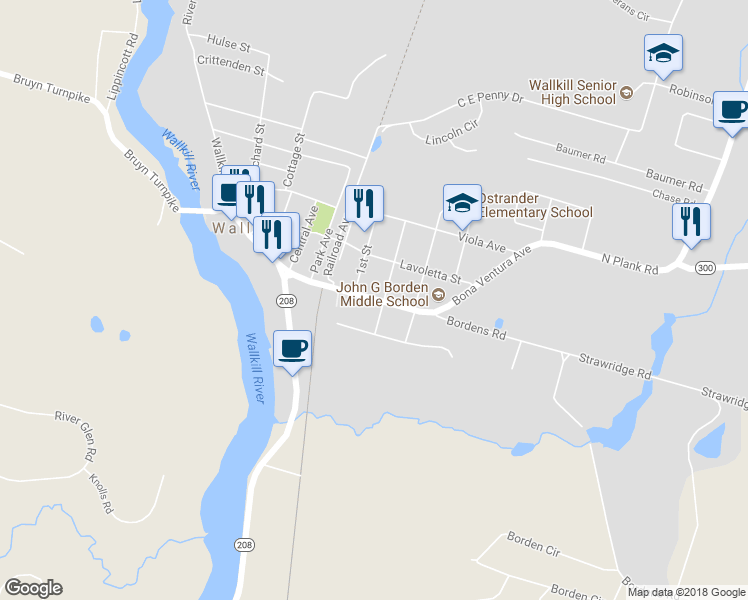 map of restaurants, bars, coffee shops, grocery stores, and more near 54 Bona Ventura Avenue in Wallkill