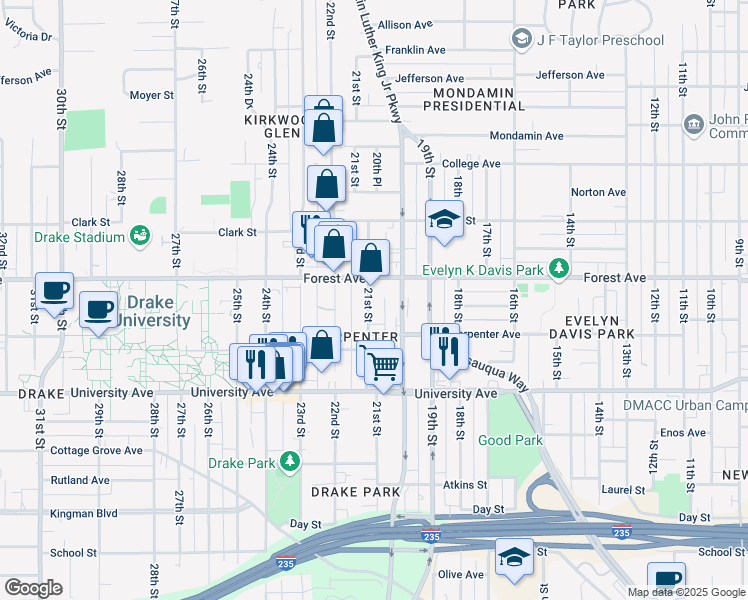 map of restaurants, bars, coffee shops, grocery stores, and more near 2024 Forest Avenue in Des Moines