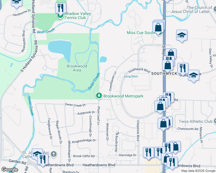 map of restaurants, bars, coffee shops, grocery stores, and more near 5720 Cresthaven Lane in Toledo