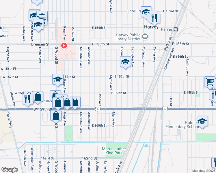map of restaurants, bars, coffee shops, grocery stores, and more near 15711 Myrtle Avenue in Harvey