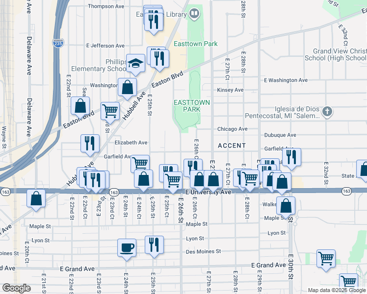 map of restaurants, bars, coffee shops, grocery stores, and more near 1324 East 26th Street in Des Moines