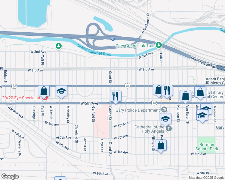 map of restaurants, bars, coffee shops, grocery stores, and more near 415 Grant Street in Gary