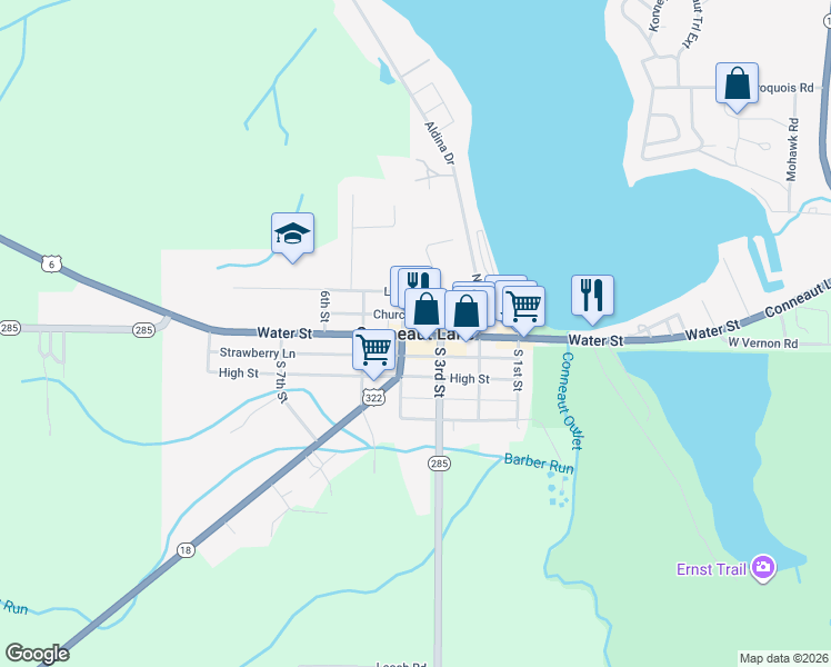 map of restaurants, bars, coffee shops, grocery stores, and more near in Conneaut Lake