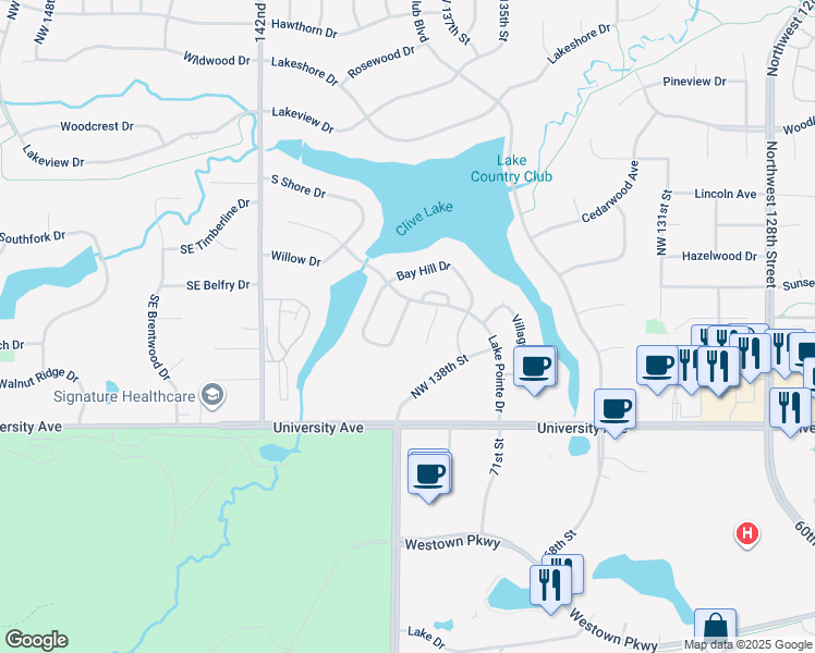 map of restaurants, bars, coffee shops, grocery stores, and more near 1490 Pompano Drive in Clive