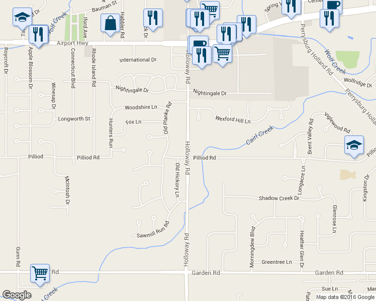 map of restaurants, bars, coffee shops, grocery stores, and more near 2053 Holloway Road in Holland