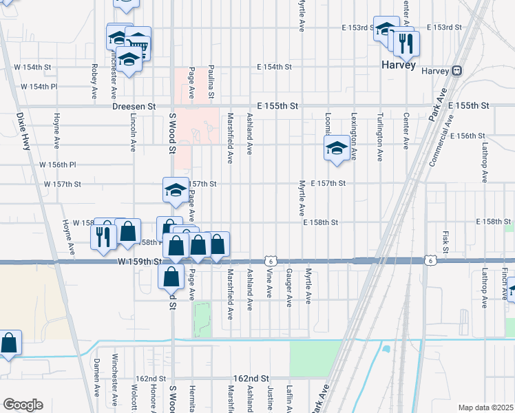 map of restaurants, bars, coffee shops, grocery stores, and more near 15713 Ashland Avenue in Harvey